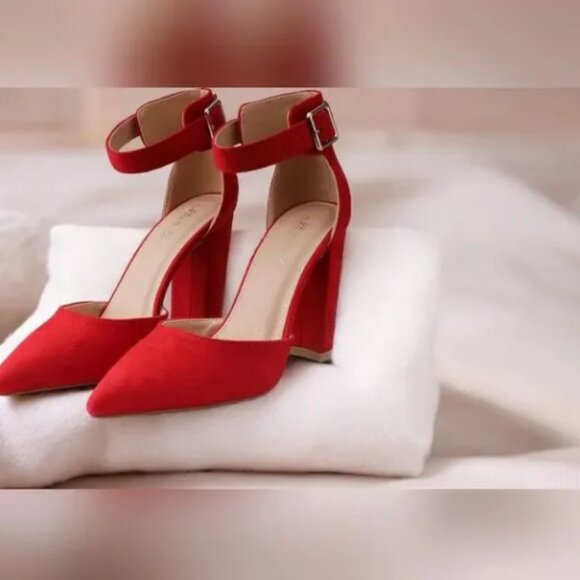 Women's Chunky High Heel Pointed Closed Toe Pump Shoe Red - Picture 2 of 2